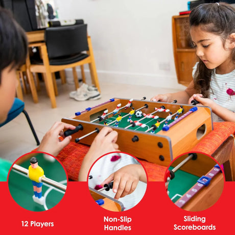 Two children playing M.Y Table Football tabletop game on a table, with close up circles showing player figure, non slip handle and sliding scoreboard