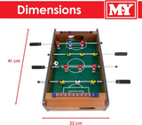 M.Y Table Football dimensions graphic showing tabletop game from above with measurements marked 41 cm length and 23 cm width and MY logo banner