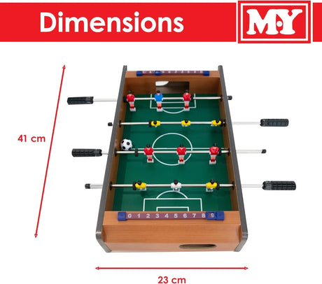M.Y Table Football dimensions graphic showing tabletop game from above with measurements marked 41 cm length and 23 cm width and MY logo banner