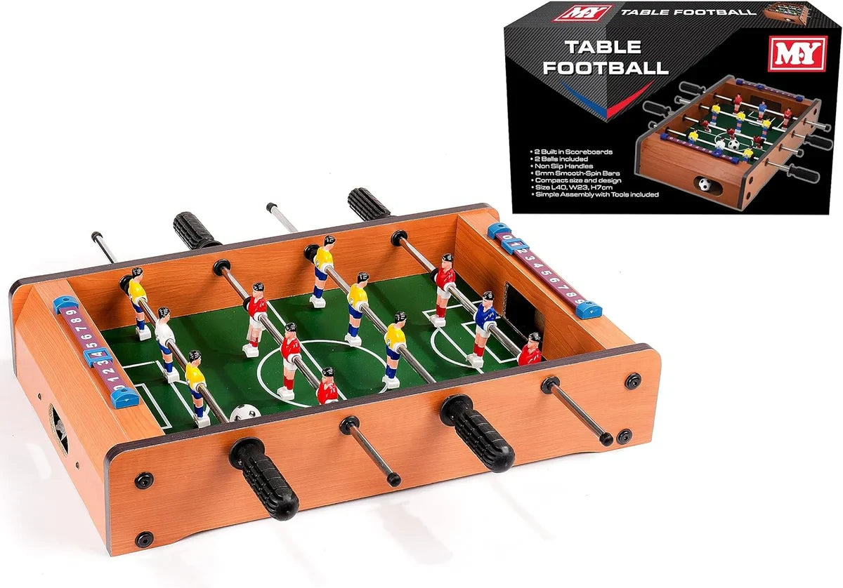 M.Y Table Football tabletop game with wood effect sides, green pitch, 12 players on metal rods and product box shown in top right corner
