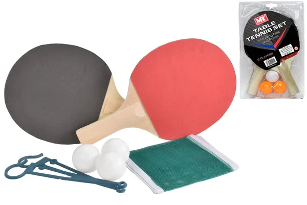 M.Y Table Tennis Set showing two bats, balls, net and packaged set