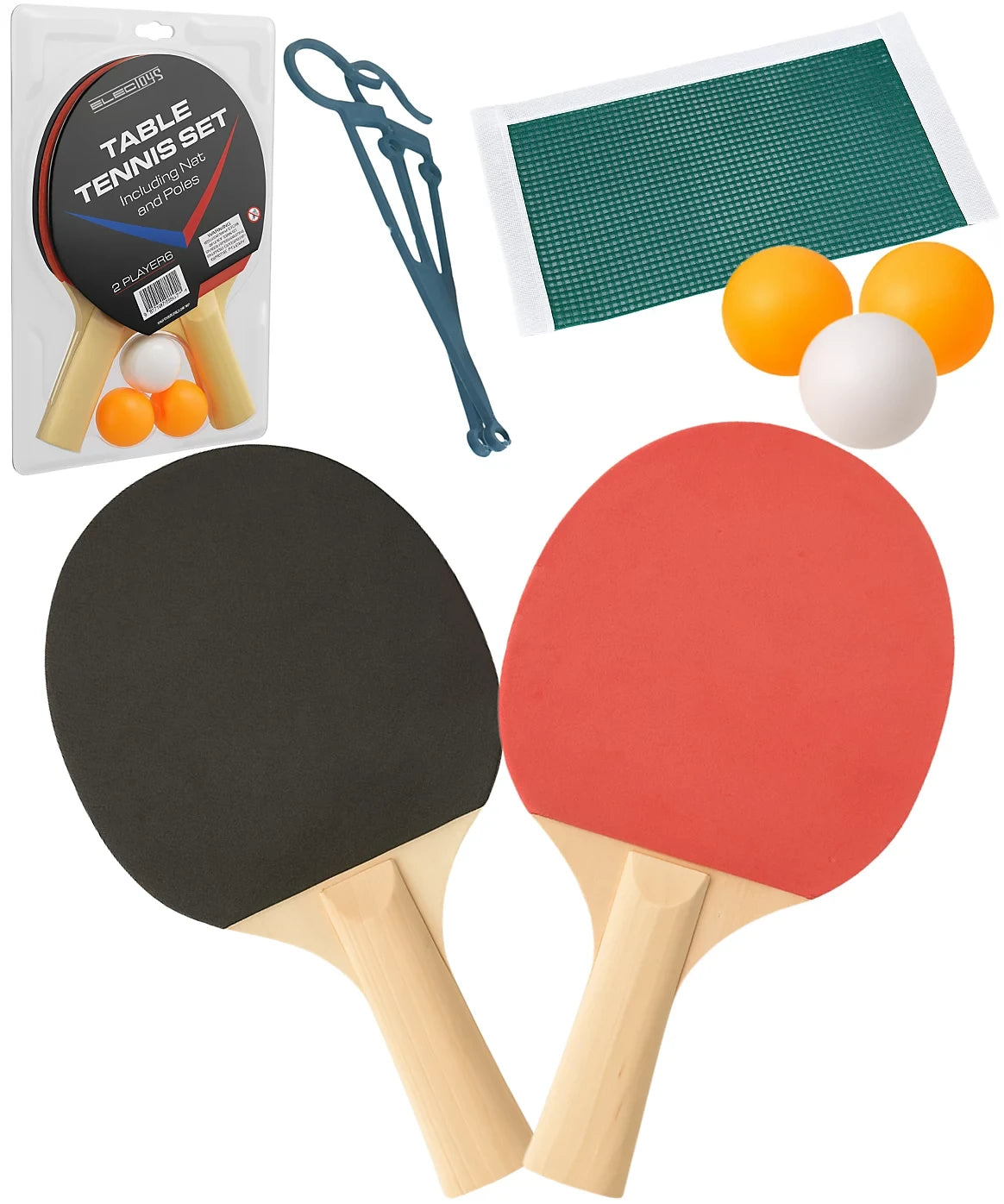 M.Y Table Tennis Set showing packaged bat, net, balls and two table tennis bats