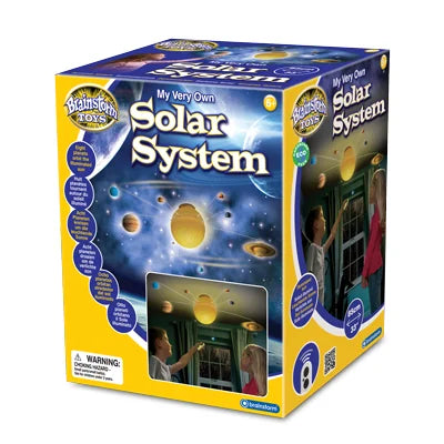 Brainstorm Toys My Very Own Solar System packaging showing motorised ceiling mobile with planets and glowing sun