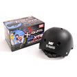 Black MY X Skate helmet displayed beside its retail box showing branding and product artwork