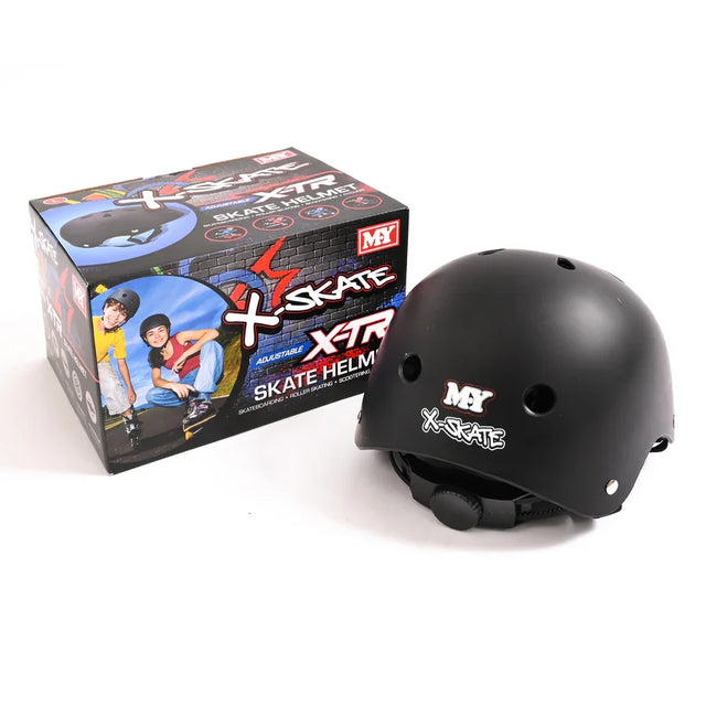 Black MY X Skate helmet displayed beside its retail box showing branding and product artwork