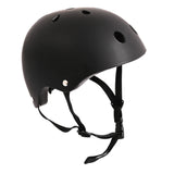 Black MY X Skate helmet side angled view showing vents, smooth shell, and straps on a white background