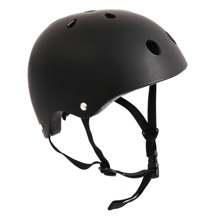 Black MY X Skate helmet side angled view showing vents, smooth shell, and straps on a white background