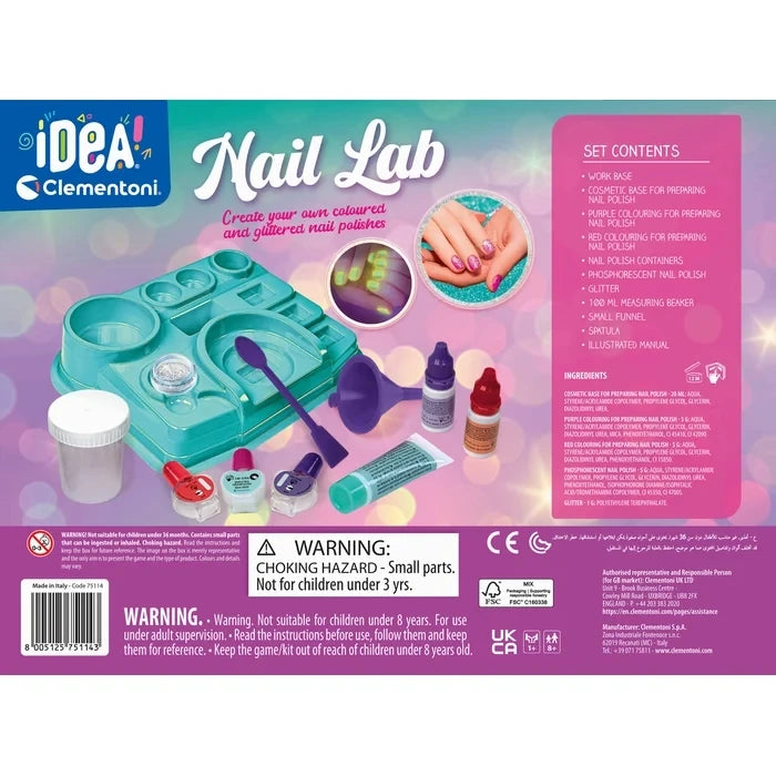 Back of the Clementoni Nail Lab box showing the kit contents, workstation and warning panel.