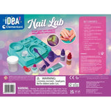 Back of the Clementoni Nail Lab box showing the kit contents, workstation and warning panel.