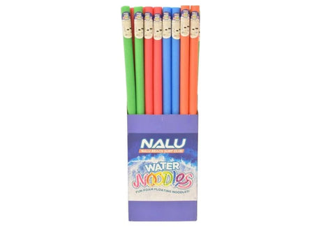 Multiple Nalu 1.5m foam water noodles in green, red, blue and orange standing upright in a purple retail display box on white background