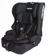 Nania Rio I Size Group 1 2 3 car seat front view showing adjustable headrest, shoulder pads, central buckle, and side impact padding