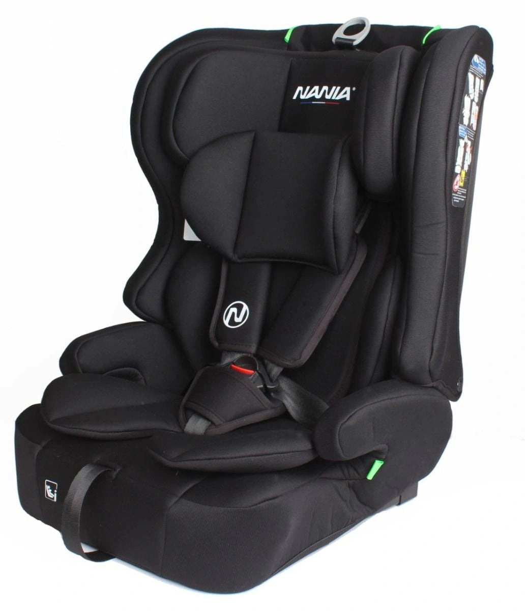 Nania Rio I Size Group 1 2 3 car seat shown in black fabric with padded headrest, side wings, and five point harness in angled view