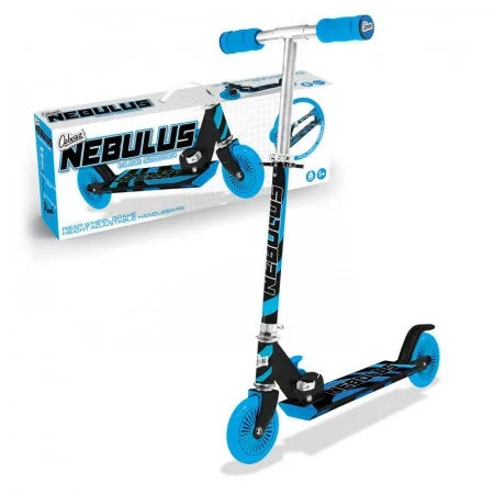 Product box and assembled black and blue Nebulus scooter with blue grips, chrome handlebar, and light up wheels.