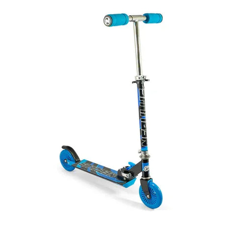 Black and blue Nebulus scooter standing upright with blue wheels, blue grips, and a chrome handlebar tube.
