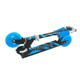 Folded black and blue Nebulus scooter with blue wheels and compact frame.