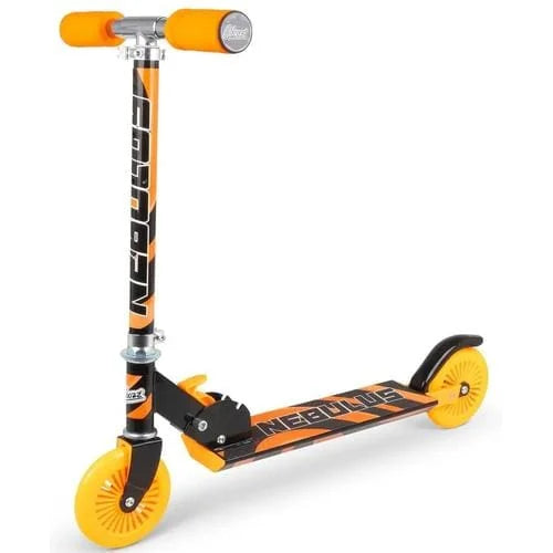 An Ozbozz Nebulus scooter standing with orange wheels, black and orange frame graphics, and padded orange grips.