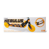 A boxed Ozbozz Nebulus scooter with orange wheels and black and orange frame graphics.