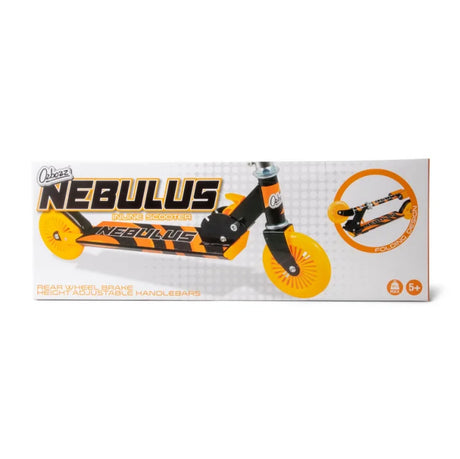 A boxed Ozbozz Nebulus scooter with orange wheels and black and orange frame graphics.