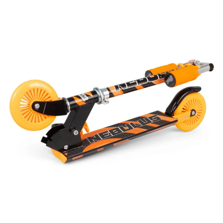 An Ozbozz Nebulus scooter folded with orange wheels and black and orange frame graphics.