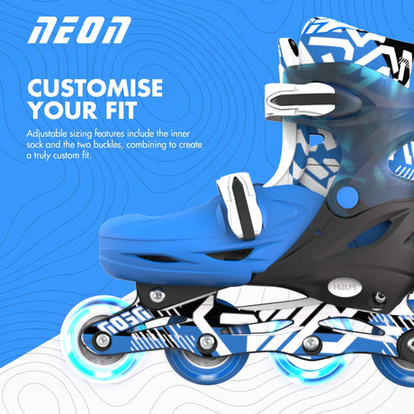 Side view of blue Neon Combo skates highlighting the adjustable fit features, sturdy boot design, and glowing PU wheels