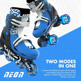 Blue Neon Combo skates displayed in both inline and quad modes with bright illuminated wheels on a graphic background