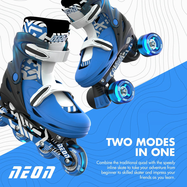 Blue Neon Combo skates displayed in both inline and quad modes with bright illuminated wheels on a graphic background