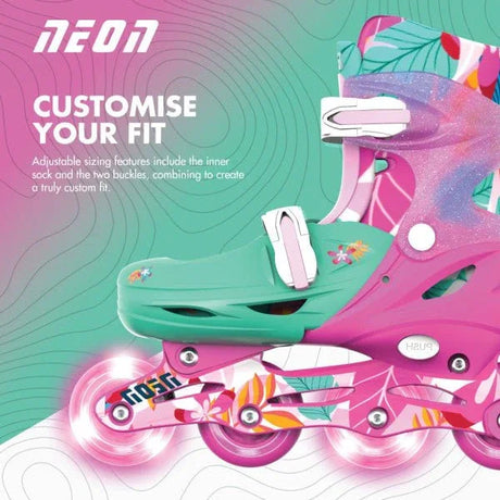 Side view of floral Neon Combo skates highlighting adjustable fit, cushioned boot design, and glowing wheel detail