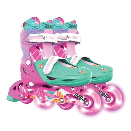 Bright floral Neon Combo skates in pink and green with adjustable sizing and glowing wheels shown upright for display