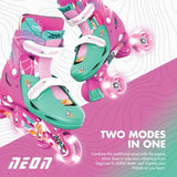 Neon Combo skates in floral pink shown switching between inline and quad wheel modes with bright illuminated wheels