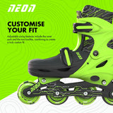 Close view of green Neon Combo skates highlighting adjustable buckles, patterned boot design, and glowing PU wheels