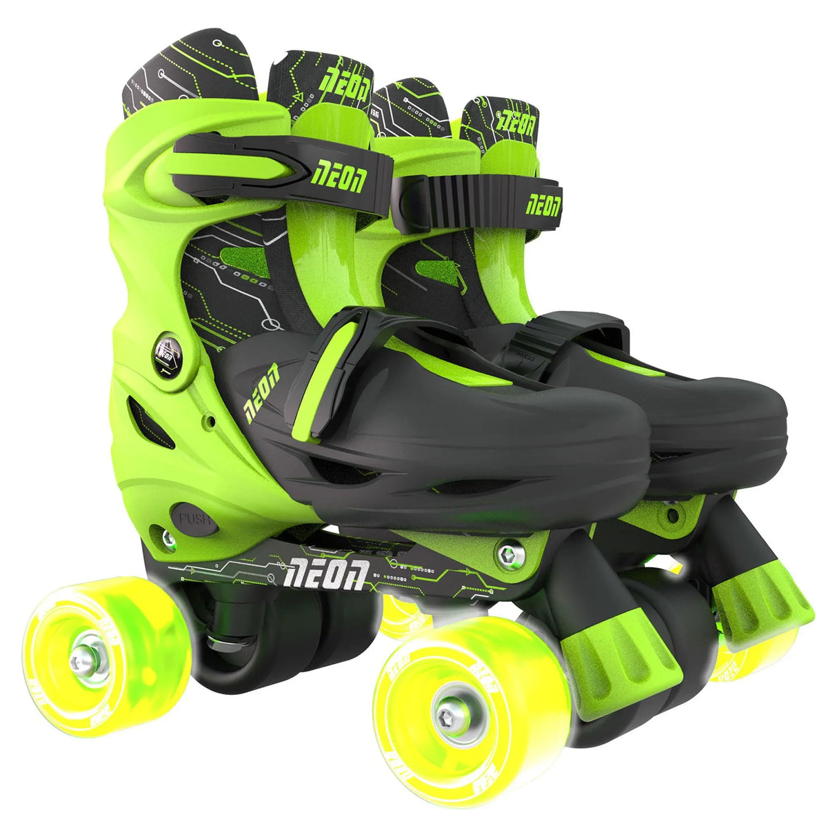 Green Neon Combo quad skates with black straps and glowing LED wheels shown on a clean white product background