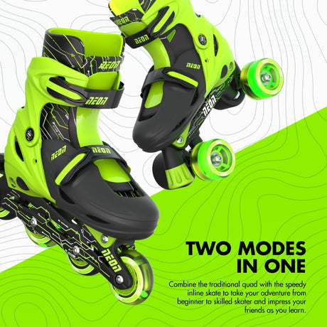 Green Neon Combo skates displayed in both inline and quad modes with bright illuminated wheels on a graphic backdrop