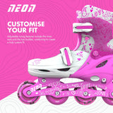 Side view of pink Neon Combo skates with heart design, adjustable buckles, and glowing wheels on a pink graphic background