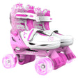 Pink and white Neon Combo quad skates with heart graphics and glowing PU wheels shown in a bright product display
