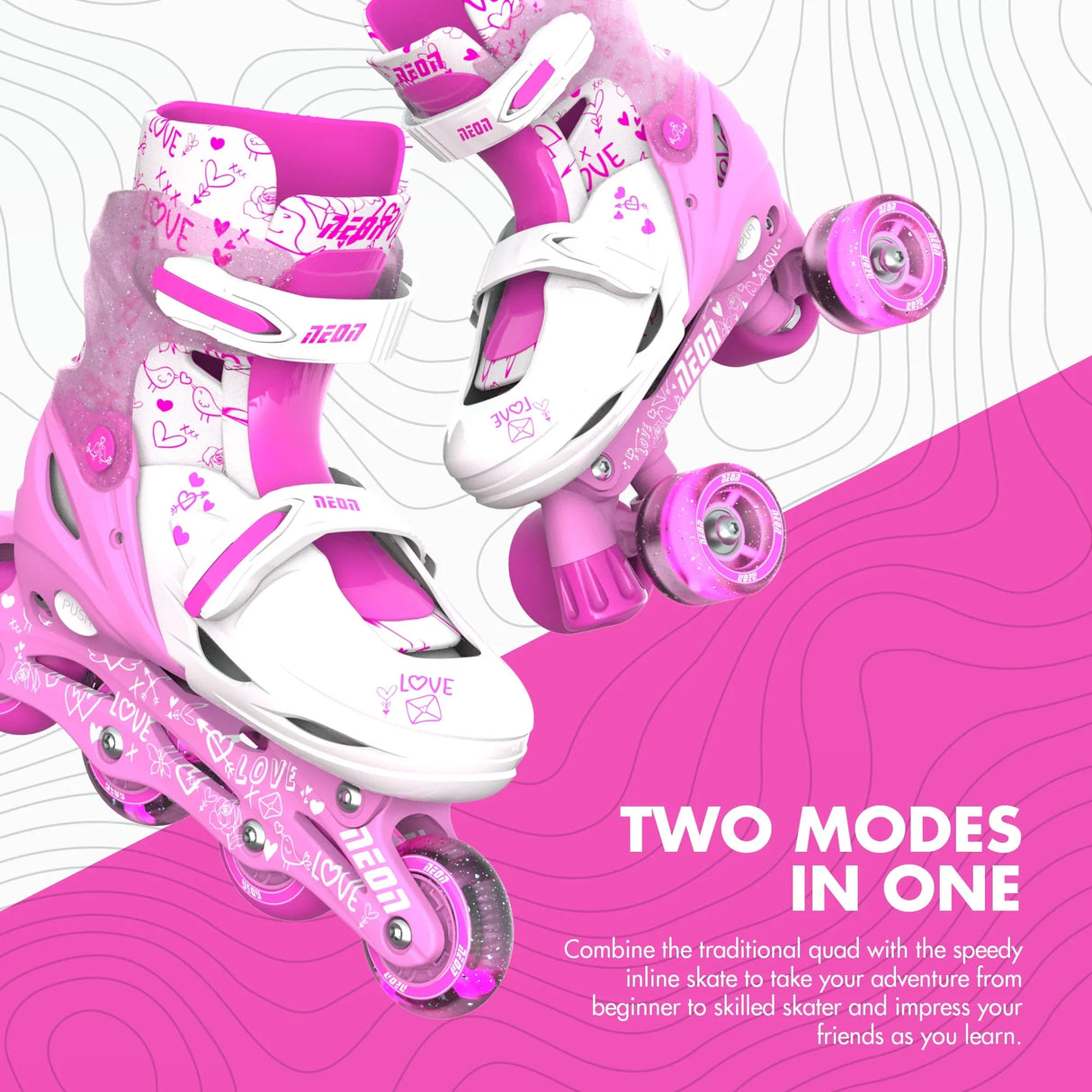Pink Neon Combo skates shown in both inline and quad modes with bright illuminated wheels on a split white and pink backdrop
