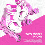 Pink Neon Combo skates shown in both inline and quad modes with bright illuminated wheels on a split white and pink backdrop
