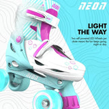 Pink and teal Neon Combo quad skates with glowing LED wheels shown beside Light the Way caption on graphic background