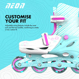 Side view of pink and teal Neon Combo inline skates showing adjustable buckles, printed heart graphics, and glowing PU wheels