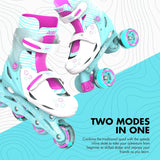Pink and teal Neon Combo skates shown in both inline and quad modes with illuminated wheels on a bright graphic backdrop