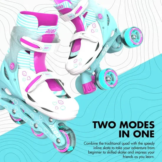 Pink and teal Neon Combo skates shown in inline and quad modes with bright illuminated wheels