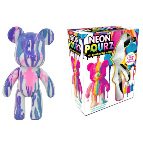 Neon Pourz Marble Paint Bear pack image with painted bear figure, box and neon paint colours visible