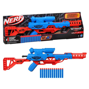 Nerf Alpha Strike Wolf LR-1 retail box with blue and red blaster and 12 darts shown below