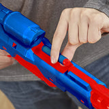 Close-up of a hand holding a foam dart on a blue and red Nerf Alpha Strike Wolf LR-1 blaster