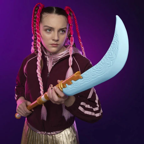 Model holding the pale blue curved blade of Mira's Curved Moon Sword across the body