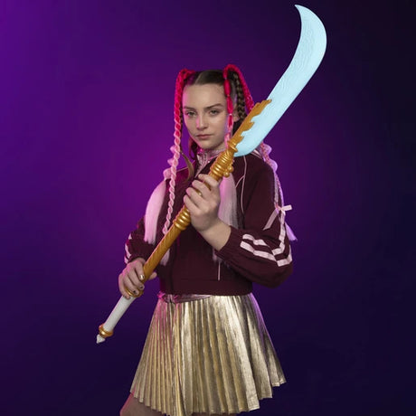 Model holding the NERF KPop Demon Hunters Mira's Curved Moon Sword upright against a purple background