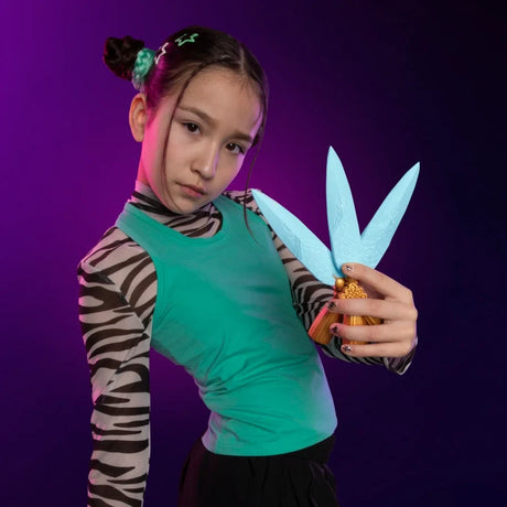 Model holding three blue and gold Zoey's Spirit Blades against a purple background