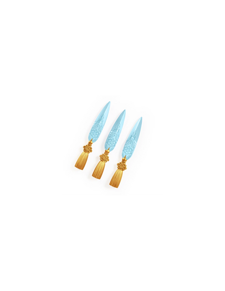 Three Zoey's Spirit Blades with pale blue patterned blades and gold handles