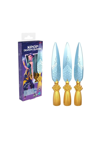 Three blue and gold Zoey's Spirit Blades displayed beside the KPop Demon Hunters retail box
