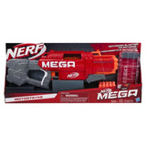 Nerf Mega Motostryke Blaster in retail box with 10 red Mega darts on white background