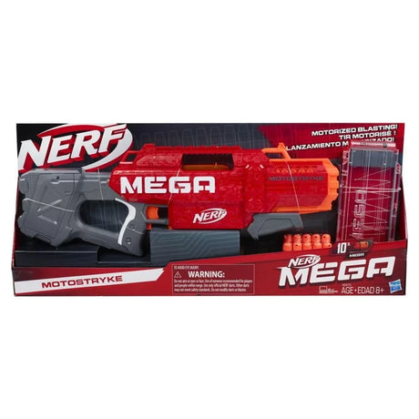 Nerf Mega Motostryke Blaster in retail box with 10 red Mega darts on white background